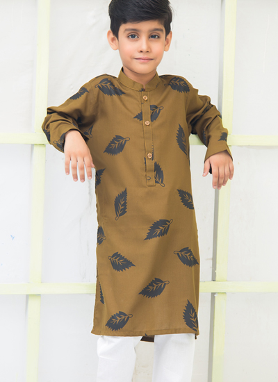 Brown Greenish Leaf Printed Kurta Pajama