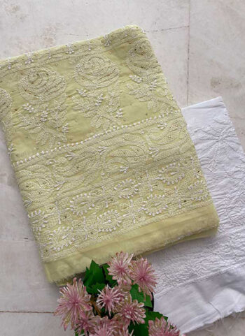 Lemon Yellow Swiss Voile Chikankari Shirt Piece Embellished with Mukesh