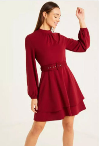 Wine Scuba Crepe High Neck Two Tiered Skater Dress
