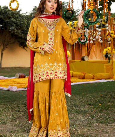 AKHROT | SHAADI COLLECTION - PRET - MUSTARD MAROON SHARARA SUIT