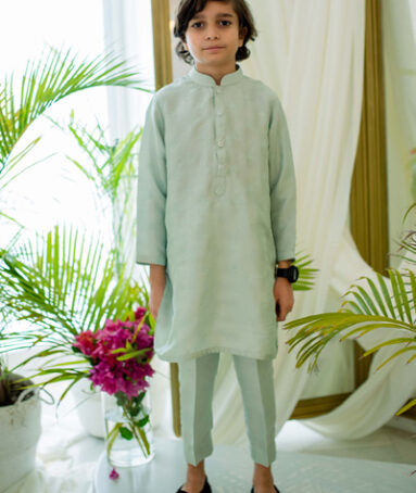 Mint Pure Silk Schiffli Kurta For Kids