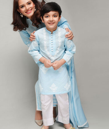 White Hand Blocked Pattern Blue Kurta