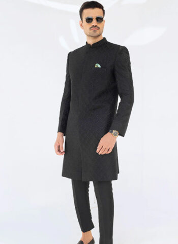 A Black Embroidered Rawsilk Sherwani