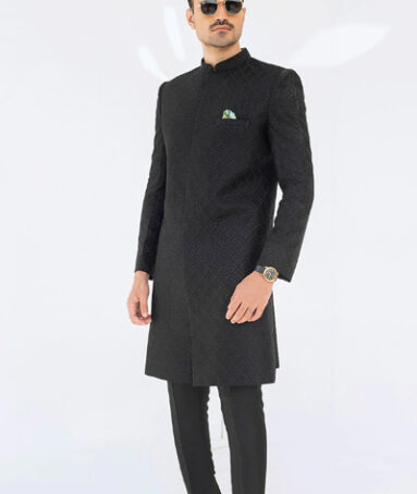 A Black Embroidered Rawsilk Sherwani