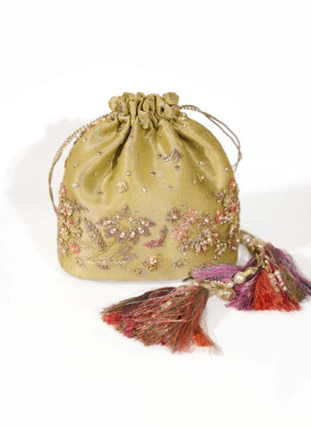 Olive Green Pouch Adorned With Gota