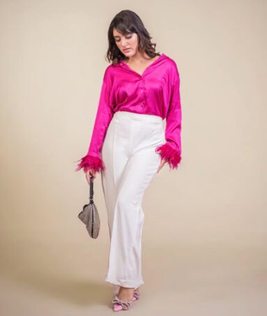 Fuschia Buttoned Top With Frilled Sleeve