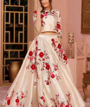 Beige Red Raw Silk Lehnga Choli